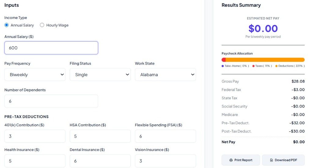 Alabama Paycheck Calculator screenshot showing inputs and results