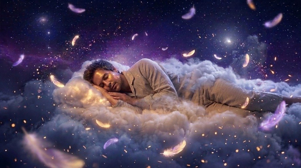 A person sleeping peacefully on soft clouds under a starry night sky, illustrating how to fall asleep faster naturally