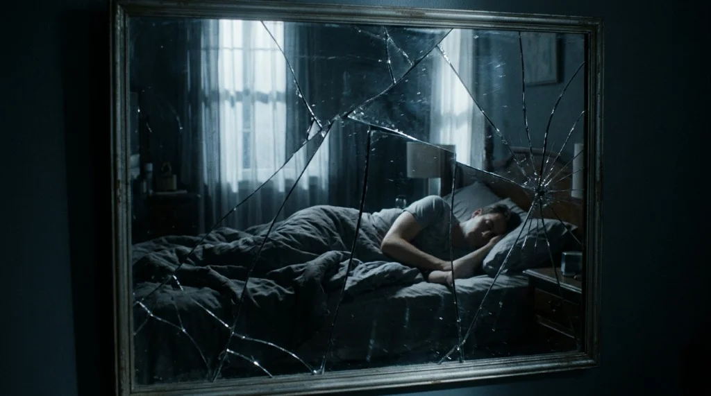 Man sleeping in a bedroom reflected in a cracked, fragmented mirror, symbolizing broken sleep cycles and interrupted rest