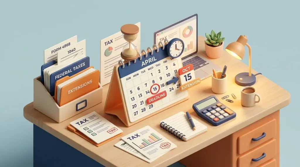 3D isometric illustration of a desk with an April 15 tax deadline calendar, Form 1040 and Form 4868 extension folders, hourglass, and calculator