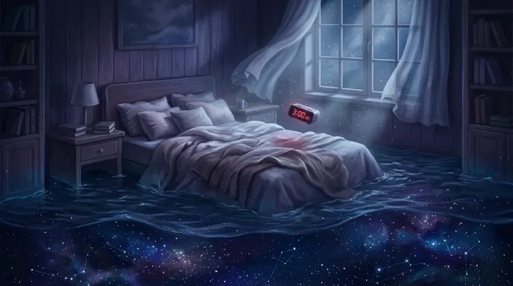 Empty bed in a dark bedroom at 3:00 AM surrounded by calm starlit water, symbolizing nighttime wakefulness and insomnia